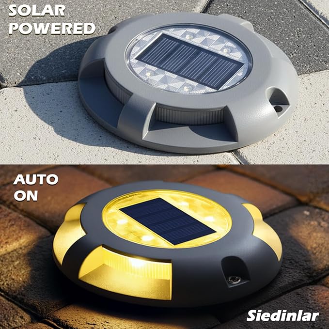 SIEDiNLAR Solar Deck Lights Driveway Dock LED Light Solar Powered Outdoor Waterproof Road Markers for Pathway Step Stair Garden Ground Sidewalk Yard 4 Pack (Warm White)