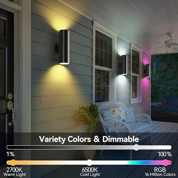 Smart Outdoor Wall Lights, RGBCW Exterior Light Fixture Dusk to Dawn Outdoor Lighting, Aluminum Color Changing Porch Lights, Ambiance Sconce, Compatible with Alexa Google Assistant