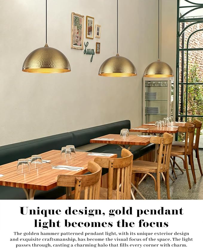 Gold Pendant Light 16 inch, Hammered Large Dome Pendant Light, Industrial Farmhouse Pendant Lights Kitchen Island, Gold Kitchen Pendant Lights for Kitchen, Dining Room Living Room 2 Pack