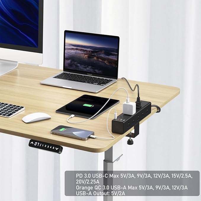 CCCEI Standing Desk Clamp Power Strip with 15 Outlets, Black Desktop Edge Mount Surge Protector Outlet, Fast Charging USB-A and 45W USB-C Ports, 10 FT Flat Plug, Black Fit 1.6 inch Table top.