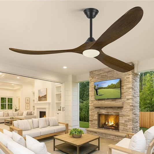60 Inch Indoor Outdoor Ceiling Fan with Light and Remote, 3 Brown Wood Propeller Blades, Quiet Reversible Energy Efficient DC Motor, Damp Rated for Patio Porch Gazebo Bedroom, Rustic Farmhouse