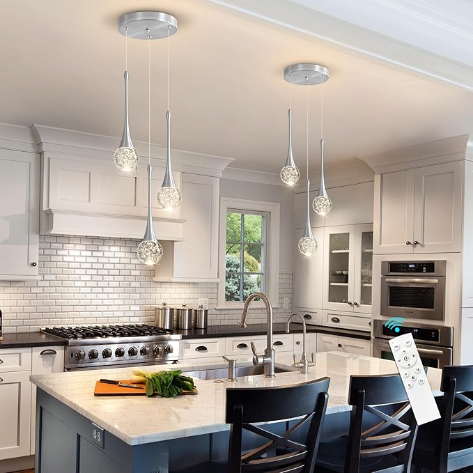 3-Lights Modern Pendant Lights for Kitchen Island LED Dimmable Crystal Glam Ceiling Pendant Lighting Chandelier for Dining Room Hallway Bedroom Corner Lamp Brushed Nickel