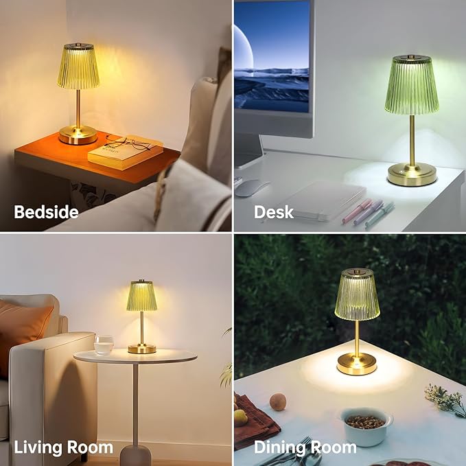 Cordless Touch Table Lamp with 5200mAh Battery - 3 Adjustable Color Temperatures & Dimmable, Rechargeable Desk Lamp for Bedroom, Living Room, Office, Entryway, Bookshelves (Green Stripe)