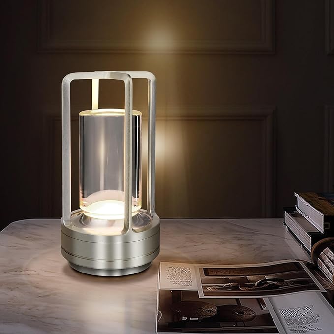 Cordless Table Lamp for Outdoor Indoor, Portable Rechargeable Battery Powered LED Crystal Lantern Lamp, 3 Color Touch Control Stepless Dimming, Small Desk Light for Restaurant Home (Silver)