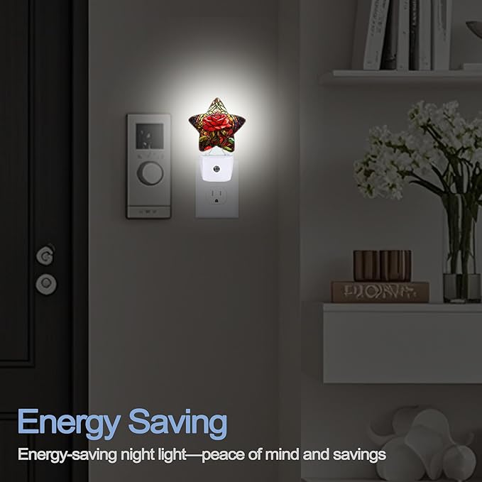 Red Rose Stained Glass Dusk to Dawn Star Night Light,Abstract Smart Sensor Nightlight for Bedroom Kitchen Hallway Stairs,Plug-in Energy Efficient Decor Desk Lamp Women Men Gifts
