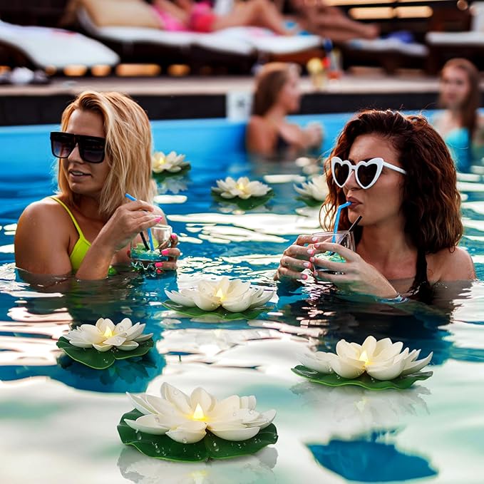 LACGO 12 PCS Diwali Waterproof Floating Lotus Light - Floating Flower Light Battery Operated Water Activated Warm White Pool Flower Lamp Wedding,Anniversary,Garden Decoration(6Inch & 5Inch)