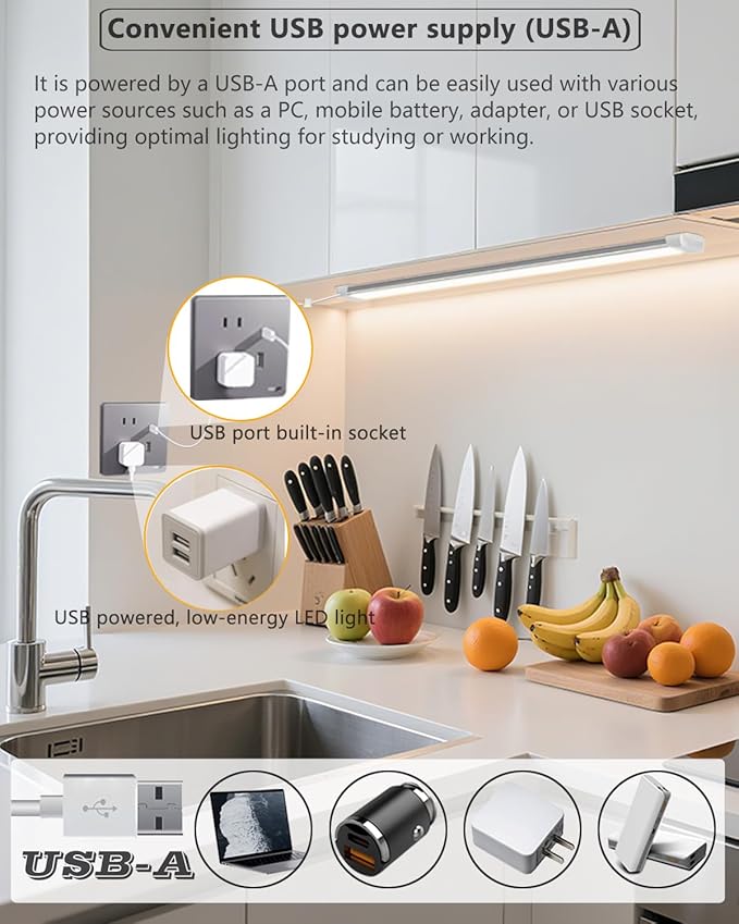 Strip Lights 15.7In Closet Lights, 12W 88 LED Super Bright, Dimming and Color Adjustment，USB Powered LED Light Bar for Room Under Counter Lighting Work Tables Student Dormitory Monitor Light