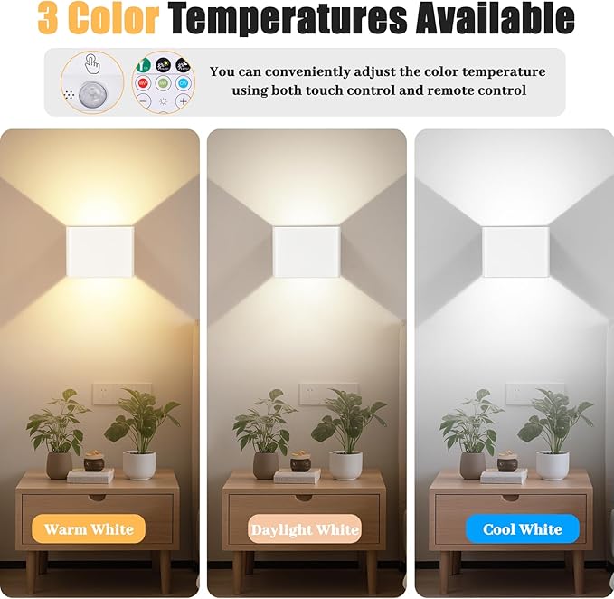 Motion Sensor Wall Light Indoor Set of 2, 6000mAh Wireless Rechargeable Battery Operated LED Wall Sconce Up & Down with Touch & Remote Control, Battery Powered Magnetic Wall Lamps with 3CCT, White