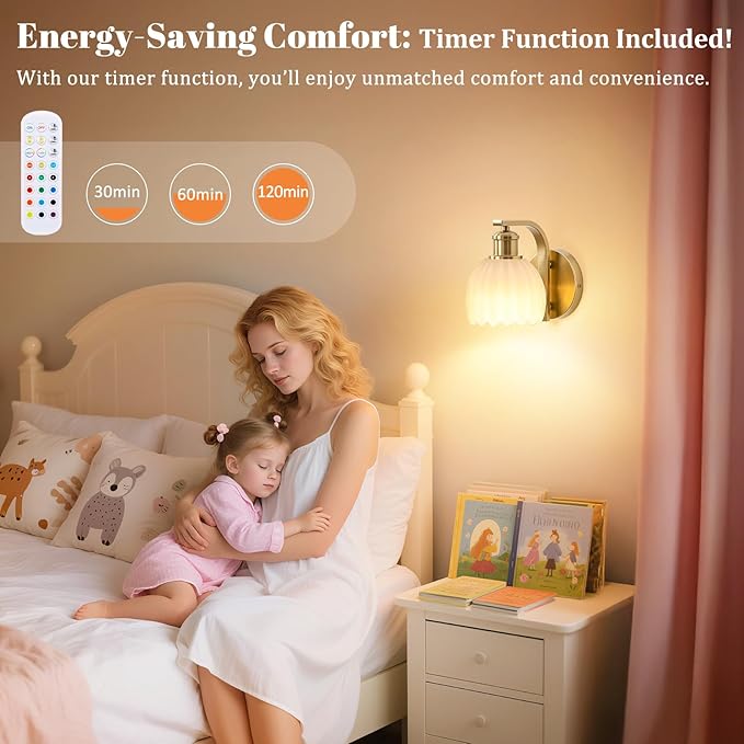 Rechargeable Battery Operated Wall Sconce with Milky White Glass Lampshade, Wireless Wall Scone Decor with Remote Control, 15 Colors Gold Wall Light for Bedside Hallway Bedroom Doorway