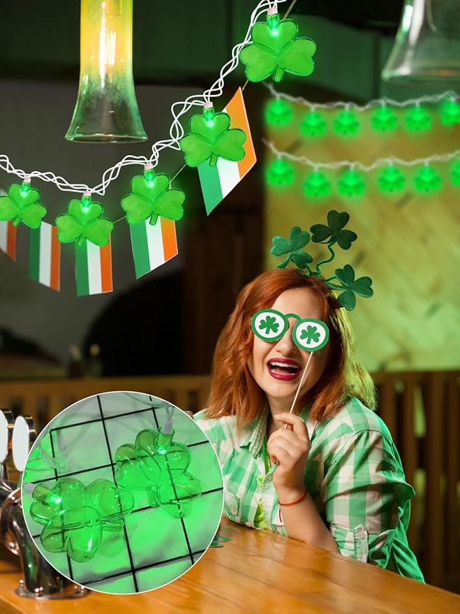 SUNSGNE Shamrock String Lights St. Patrick's Day Lights, 8.5Ft Outdoor Patio String Light with 10 LED Green Shamrock, Plug in Fairy Lucky Clover String Lights for Home Garden Irish Party Decoration