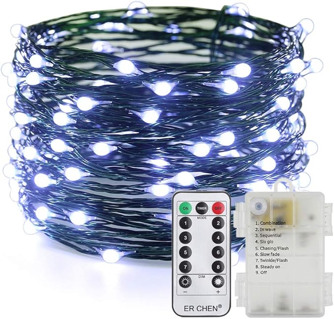 ER CHEN Battery Operated String Lights, 33ft/10m 100 LED Dimmable Fairy Lights with Remote/Timer, Waterproof Green Copper Wire Christmas Lights for Bedroom, Patio, Wedding, Party (Cool White)