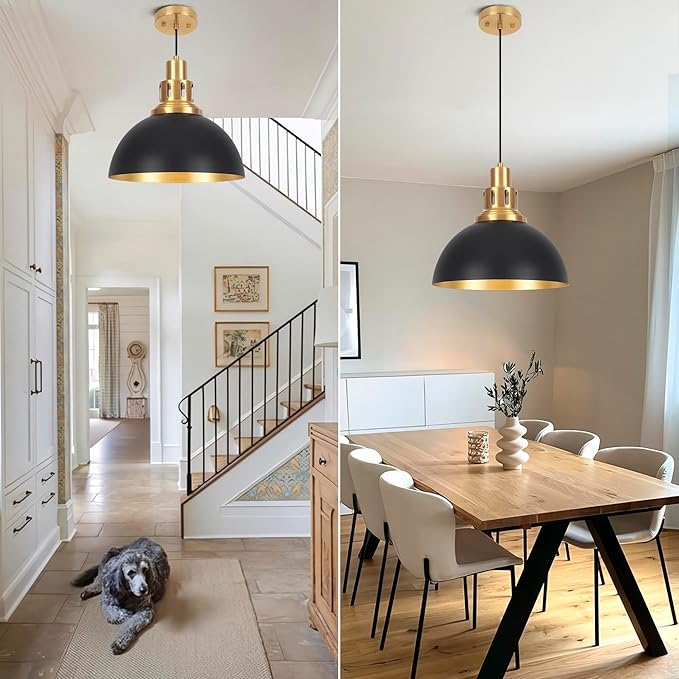 Black Farmhouse Dome Pendant Lights, Vintage Industrial Pendant Light Fixtures, Height Adjustable Pendant Lighting for Kitchen Island, Dining Room Foyer Entryway Bedroom 2-Pack