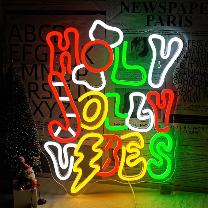 Horseneon Holy Jolly Vibes Neon Sign, Merry Christmas Neon Sign for Wall Decor, USB Powered LED Sign for Christmas Party, Home, Bedroom, Living Room, Bar