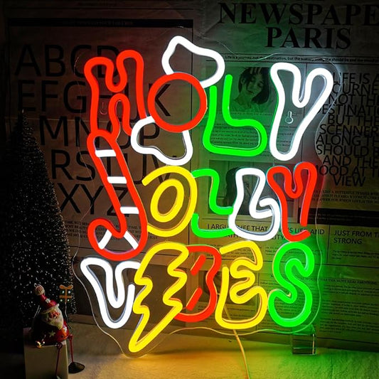 Horseneon Holy Jolly Vibes Neon Sign, Merry Christmas Neon Sign for Wall Decor, USB Powered LED Sign for Christmas Party, Home, Bedroom, Living Room, Bar