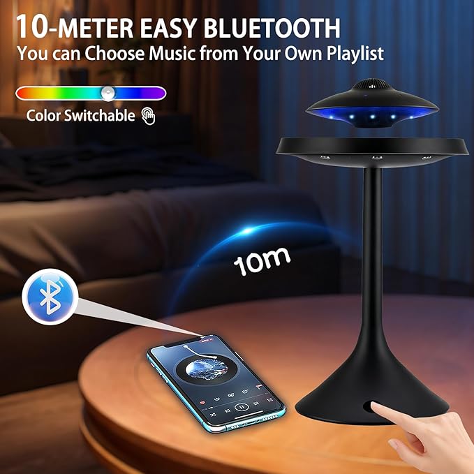 Magnetic Levitation Bluetooth Speaker, UFO Levitating Speaker with Smart Touch, Floating 360° Spin, Switchable Gradient LED Light, for Home Decor, (Black)
