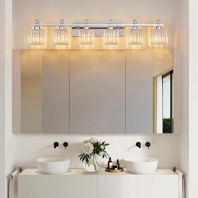 Vanity Lights 6-Light Modern Crystal Vanity Light Chrome Bathroom Light Fixtures Over Mirror Crystal Bathroom Vanity Lighting Fixtures