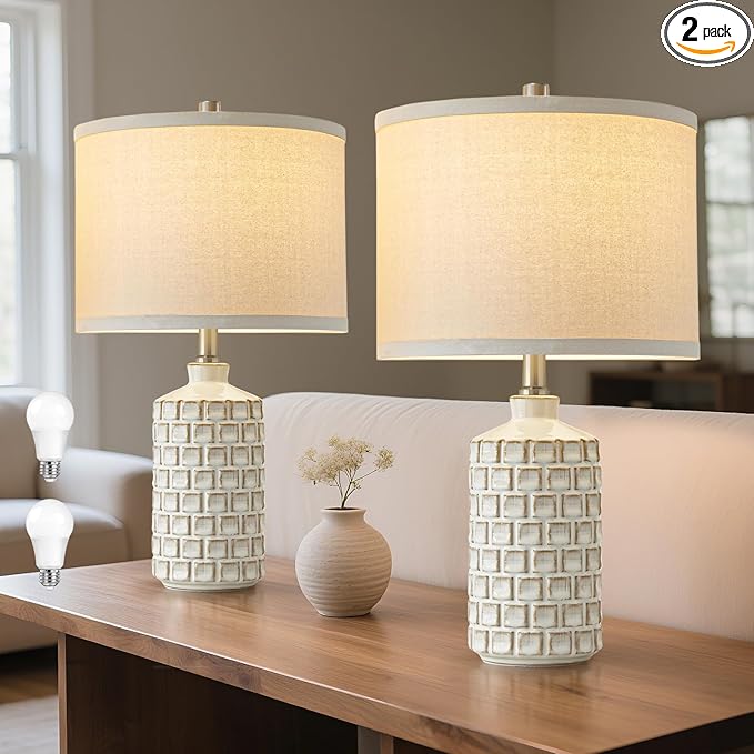 Luvkczc Vintage Farmhouse Table Lamp Set of 2, Grid Nightstand Lamp with Eye-Protecting Fabric Shade, 3-Color Temperature&2 Bulbs - Rustic Table Lamp Lamps for Living Room Bedroom Decor