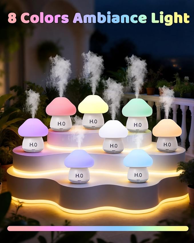 Mushroom Humidifier Lamp with 8 RGB Colors Lights,Cute Rechargeable Portable Humidifiers for Bedroom,Small Mushroom Diffuser with Two Spray Modes,Touch Night Light,Valentine's Day Gifts
