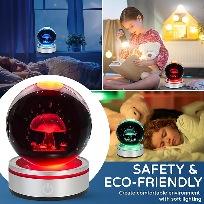 3D Crystal Ball Night Light with LED Colorful Touch Lighting Base - 3.15 In Mushroom Figurine Glass Sphere Lamp for Birthday, Christmas, Cute Home Decor Gifts for Kids, Teens, Women