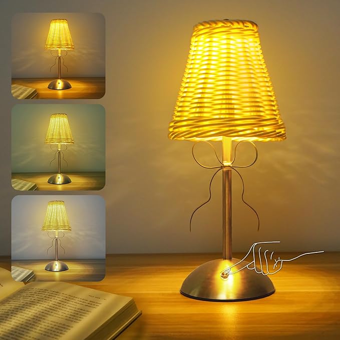 Boho Bow Rattan Table Lamp, Cordless Wicker Woven Vintage Table Lamp - LED Rechargeable Touch Control 3 Color Dimmable Reading Bedside Lamp for Bedroom Living Room Office, Home Outdoor Decor