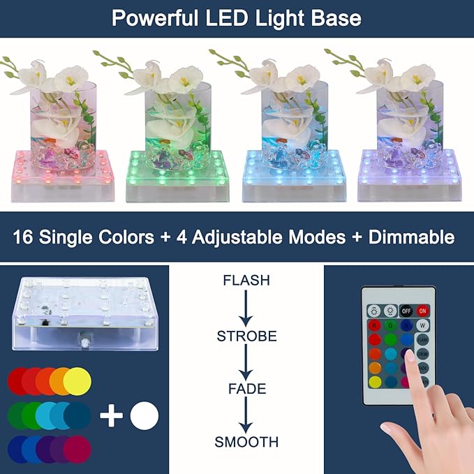 LARDUX Pack of 4 Square LED Light Base with Remote -5 Inch Multicolor Display Pedestal Light Base for Glass Crystal Sculpture Vase Decoration - Charging USB or Battery Powered