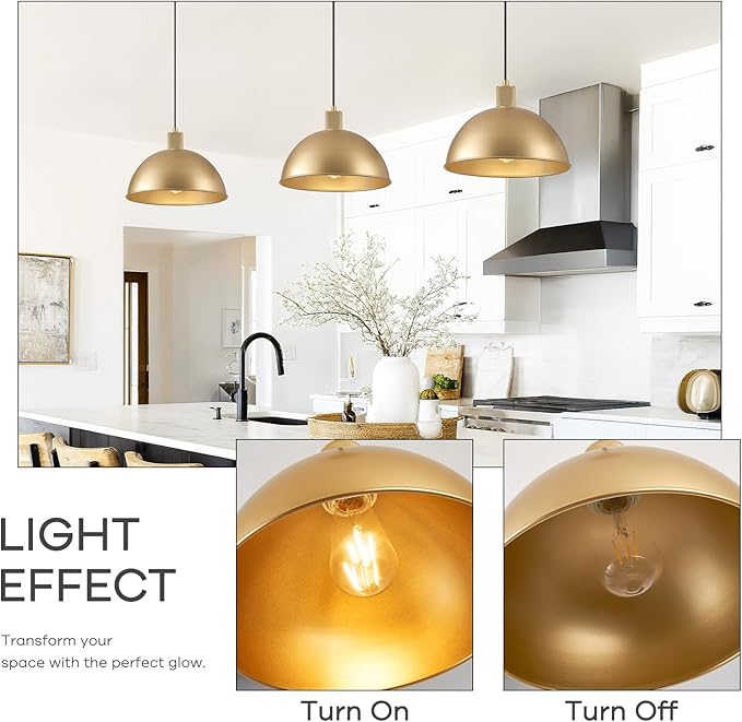 12 Inch Gold Dome Pendant Lights 3 Pack for Kitchen Island, Height Adjustable Farmhouse Industrial Hanging Light Fixtures Over Table for Dining Room, Entryway