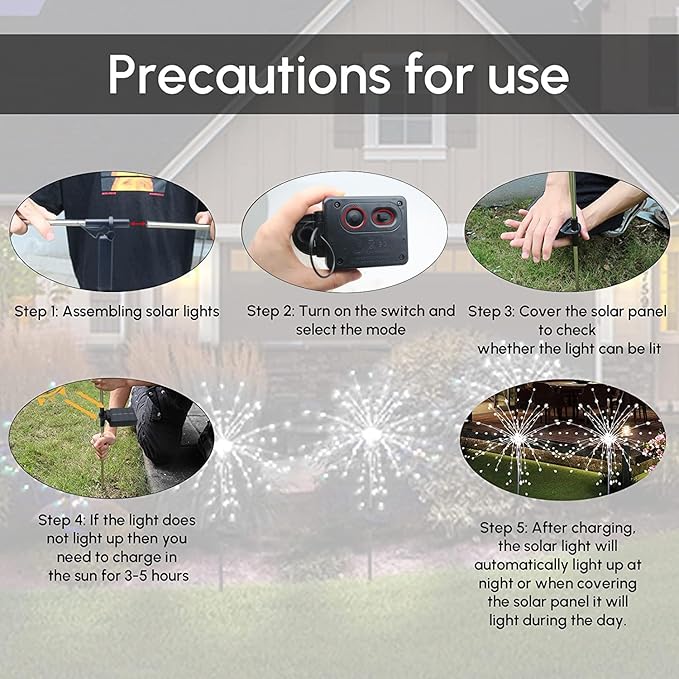 Solar Garden Firework Lights Outdoor Waterproof, 6 Pack Solar Powered Art Stake Twinkle Lighting for Outside Decor, 120 LED Sparklers String Lights for Yard Pathway Decorations(White)