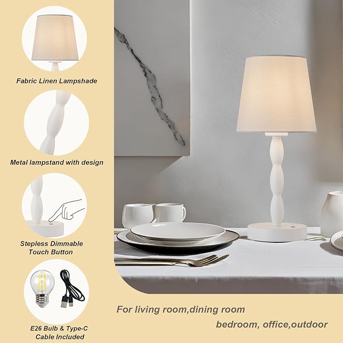 CASTLELIFE Portable Cordless Table Lamp,Touch Desk Lamp Rechargeable Battery Powered, 3-Level Brightness Stepless Dimmable Bedside Night Lamp,for Bedroom/Restaurant/Bars/Outdoor, Bulb Included, White
