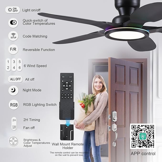 Ceiling Fans with Lights and Remote/APP Control, 52 inch Low Profile Ceiling Fans with Dimmable White + RGB Ring Lights, 6 Speeds 5 Curved Blades for Kids Room Bedroom Bar, Black