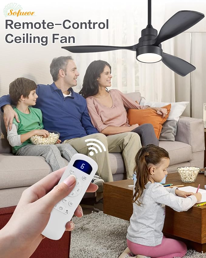 Sofucor 48 Inch Ceiling Fans with Lights and Remote Control-Modern Flush Mount & Downrod Mount Ceiling Fan for Bedroom Living Room Indoor Outdoor Farmhouse Patio, Timer Quiet DC Motor, Black&Walnut