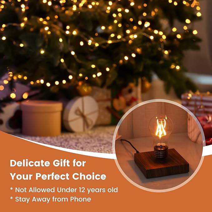 Levitating Lamp,Floating Light Bulb,Magnetic Levitating LED Desk Lamp for Unique Gifts,360 Degre Rotating Night light,Levitating Cool lamps for Home & Office,Birthday Christmas gift,Square Wooden Base