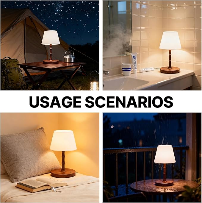 Wireless Waterproof Table lamp, Adjustable Light, 3 Types Suitable for Office, Bedroom, Bathroom Lights, Garden Camping Restaurant LED Night Light, Wood Grain Design (Brown)