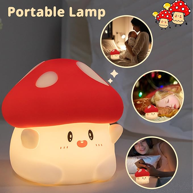 Cute Mushroom Lamp, 2 Levels Dimmable Mushroom Night Light with Timer, Rechargeable Kids Night Light for Baby Nursery, Kawaii Squishy Night Light Mushroom Decor for Kids Room Bedroom (Red)