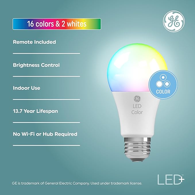 GE LED+ Color Changing LED Light Bulbs with Remote, No App or Wi-Fi Required, A19 Standard Bulbs (2 Pack)