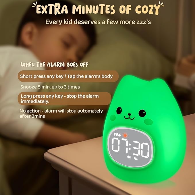 Cat Alarm Clock with Night Light for Kids with Sleep Training and Sound Machine, Rechargeable Silicone Lamp OK to Wake Clock，Cute Animal Tabletop Lamp, Perfect Sleep Companion for Boys Girls