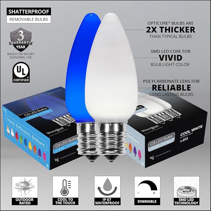 Wintergreen Lighting C9 OptiCore LED Commercial Outdoor Christmas Lights – Heavy Duty Christmas String Lights; Green Wire (50 Lights, 50 ft, Blue/Cool White Smooth/Opaque)