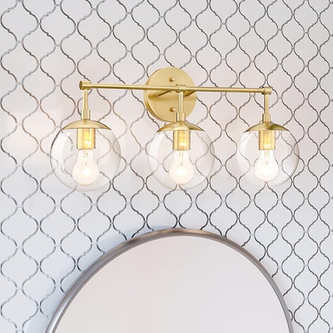 Design House Gracelyn 3-Light Dimmable Bathroom Vanity Light, Seeded Glass, Satin Gold, 24.03 in W x 8 in D x 11.65 in H, 588889-SG
