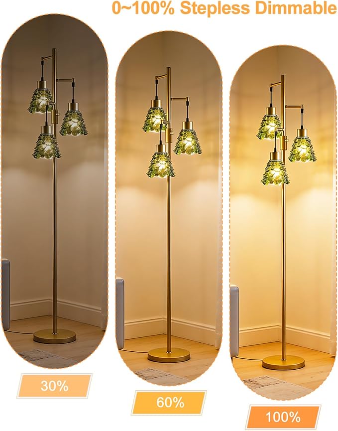 Glass Floor Lamps for Living Room, 67'' 3-Light Dimmable Floor Lamp with Green Glass Shade& E12 Bulbs Included, Mid Century Standing Tall Lamp for Bedroom/Sofa Beside/Corner Decor-Gold