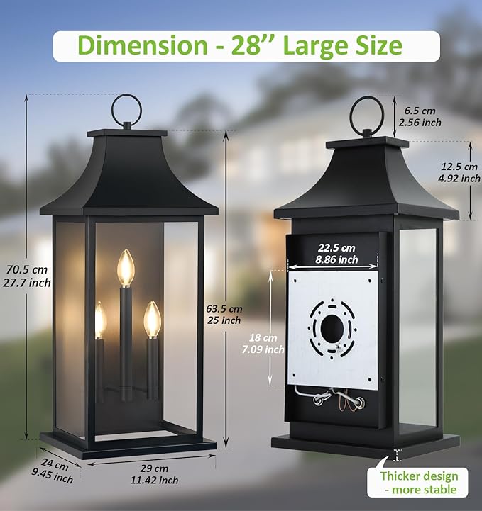 tewei 28'' Dusk to Dawn Large Outdoor Wall Light, Porch Light Outdoor Wall Sconce Lantern, 3-Light Black Exterior Lighting Fixture Wall Mount, Outside Light for House Garage, 1-Pack