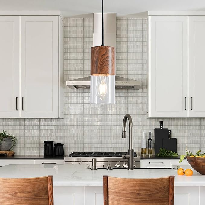 3-Pack Modern Pendant Lights for Kitchen Island, Adjustable Pendant Light Fixtures with Brown Wood Grain, Industrial Clear Glass Pendant Lights for Dining Table Hallway Bedroom Living Room