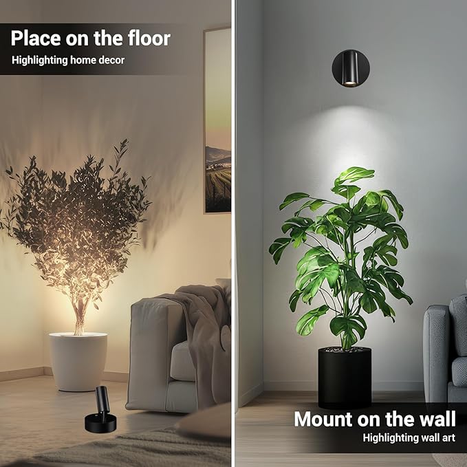 Spotlight Indoor, Wireless Uplighting Indoor with Remote Dimmable, 350° Rotate, Battery Powered Ceiling Spotlight for Artwork Painting Tree Plant Picture Lights, 2 Pack