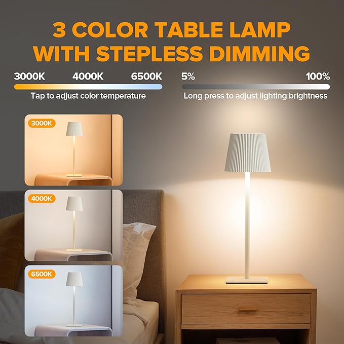 LUTEC 2 Pack Cordless Table Lamp,6000mAh Rechargeable Battery Operated Desk Lamp,Two Adjustable Heights,Waterproof, Touch Control & 3 Color Stepless Dimming for Restaurant/Bedroom/Bars/Outdoor (White)