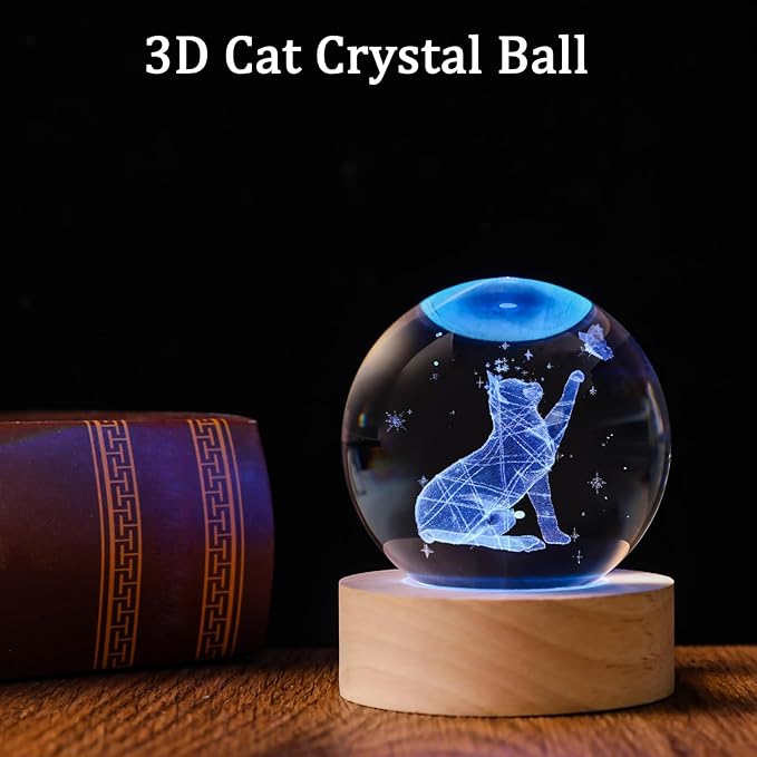 60mm 3D Crystal Ball Cat Lover Gifts for Women Cat Themed Sympathy Figurines Decor Gifts with Wooden Light Base