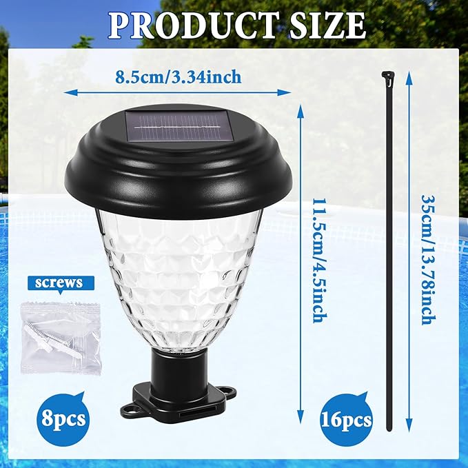 8 Pack Solar Pool Lights for Above Ground Pools, IP65 Waterproof LED Solar Charging and Auto Lights at Night, Essential Accessory for Summer Backyard Fence, Swimming Pool Enclosure Warm Lighting