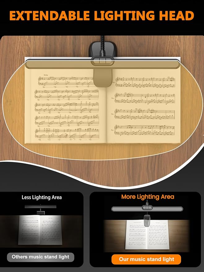 Vekkia Professional 116 LED Rechargeable Music Stand Light - Foldable Clip-on Lamp, Eye-Protective, 5 Brightness & 3 Color Temp Adjustments, for Piano, Reading