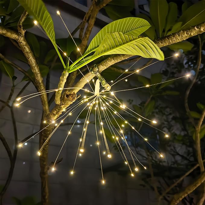 5 Pack Solar Firework Lights, 450 LED 8 Modes Dimmable Waterproof Hanging DIY Starburst Fairy Lights with Remote Timer for Garden Indoor Outdoor Decoration (Warm White, 450)