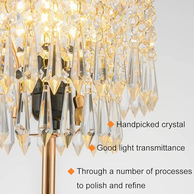 Crystal Table Lamps Set of 2, Gold Lamps for nightstand with 2 USB Charging Ports, 3-Way Touch Dimmable Crystal Desk Lamp, Gold Bedside Lamp with Elegant Shade for Bedroom, Living Room