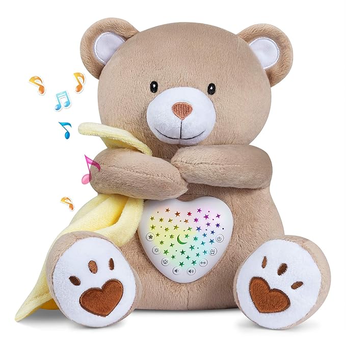 BEREST Rechargeable Baby Sleep Soother Bear, Mom's Heartbeat & Lullabies, White Noise Sound, Nursery Decor Night Light Projector, Toddler Crib Sleeping Aid, Baby Shower Gifts