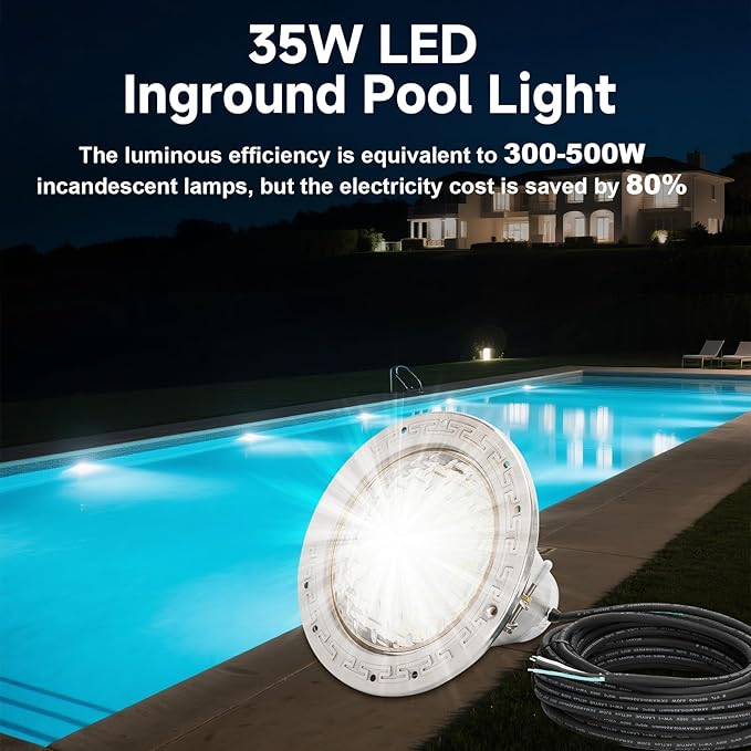 120V LED Pool Lights for Inground Pool, 10 Inch Inground Pool Light with 50FT Cord, 35W(300W Equivalent) 4000LM Cool White, Fits 10'' Wet Niche, Stainless Steel Housing