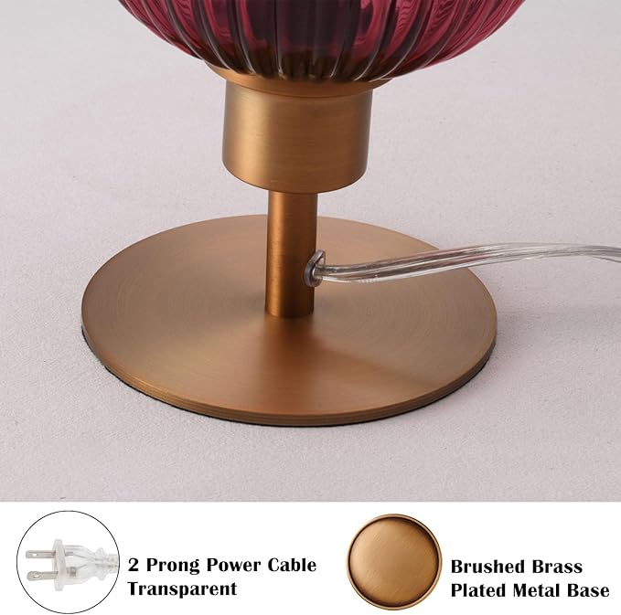 Mid Century Glass Table Lamp,Dimmable Desk Lamp,LED Bulb Included,Timer Build-in,Purple Ribbed Glass